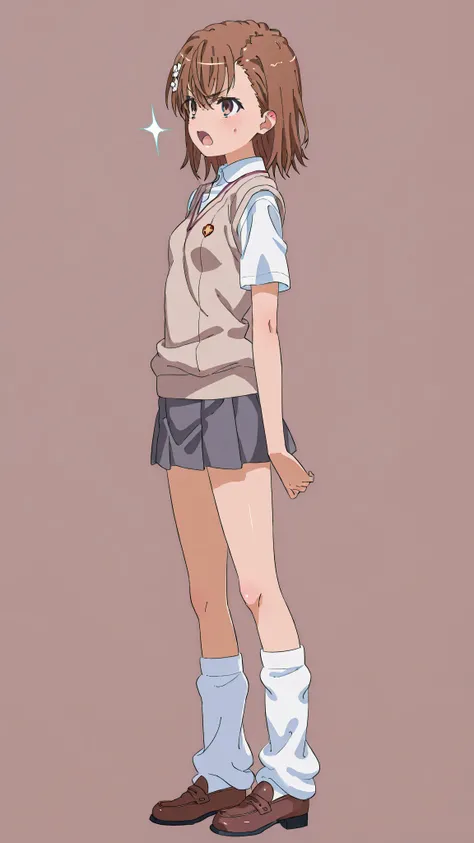(((misaka miloto)))、hair flower、small breasts、1 girl、from side、white shirt、short sleeves、sweater vest、tokiwadai school uniform、grey skirt、mini skirt、loose socks、brown loafer、open mouth、angry、glare、indoor、brown wall、simple background、arms at sides、full body...