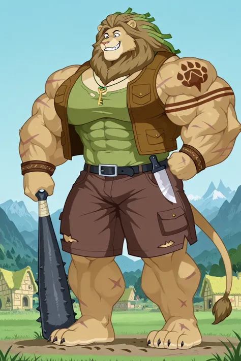 a giant muscular cartoon strong lion, photocartoon, 8k, highly detailed, saturaded colors, epic scene, ginomous biceps, enormous pectorals, detailed abs, smile powerful expression, holding a spiked bat, wearing a saturaded green shirt, brown vest, necklace...