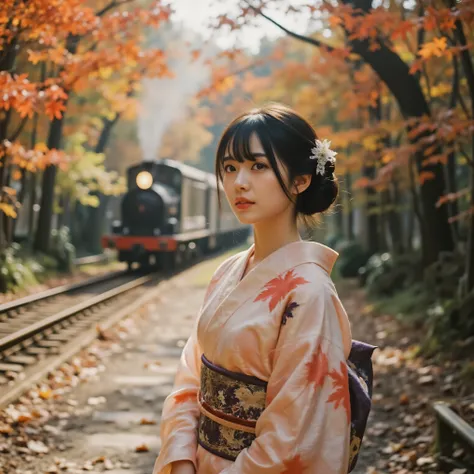 A young beautiful woman wearing a gorgeous kimono with muted deep crimson and gold tones and delicately embroidered autumn leaves. Her black hair is elegantly tied up, and a hairpin with a maple leaf pattern sparkles. On a crisp autumn afternoon, the red a...