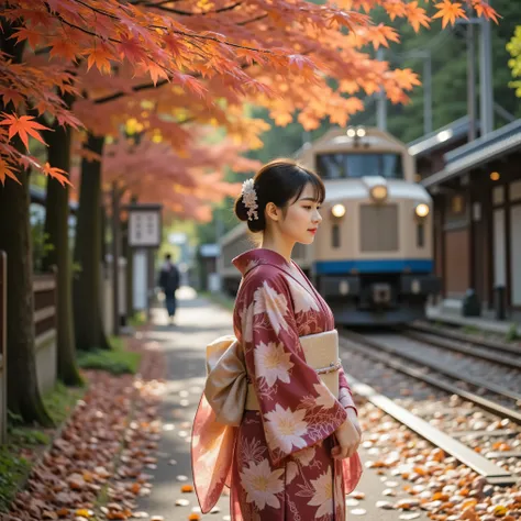 A young beautiful woman wearing a gorgeous kimono with muted deep crimson and gold tones and delicately embroidered autumn leaves. Her black hair is elegantly tied up, and a hairpin with a maple leaf pattern sparkles. On a crisp autumn afternoon, the red a...