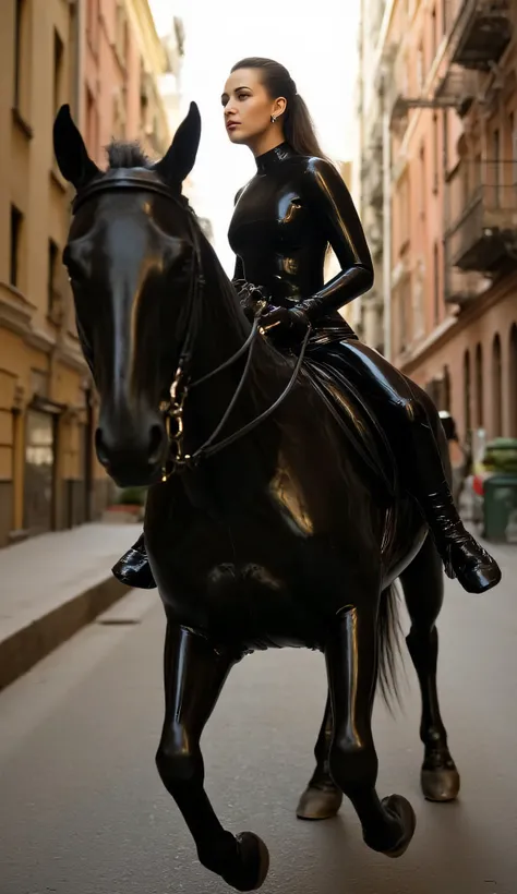 fit woman warrior with chiseled physique in form-fitting reflective black latex bodysuit, side perspective of her commanding a galloping horse through a tight urban alleyway, afternoon light creating highlights along the length of her latex-covered body, p...