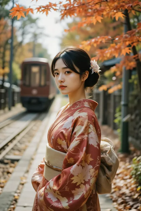 A young beautiful woman wearing a gorgeous kimono with muted deep crimson and gold tones and delicately embroidered autumn leaves. Her black hair is elegantly tied up, and a hairpin with a maple leaf pattern sparkles. On a crisp autumn afternoon, the red a...