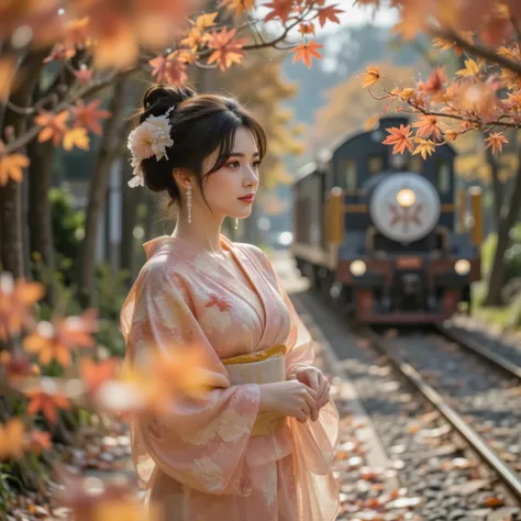 A young beautiful woman wearing a gorgeous kimono with muted deep crimson and gold tones and delicately embroidered autumn leaves. Her black hair is elegantly tied up, and a hairpin with a maple leaf pattern sparkles. On a crisp autumn afternoon, the red a...