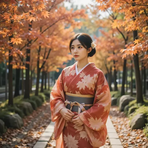 A young beautiful woman wearing a gorgeous kimono with muted deep crimson and gold tones and delicately embroidered autumn leaves. Her black hair is elegantly tied up, and a hairpin with a maple leaf pattern sparkles. On a crisp autumn afternoon, the red a...