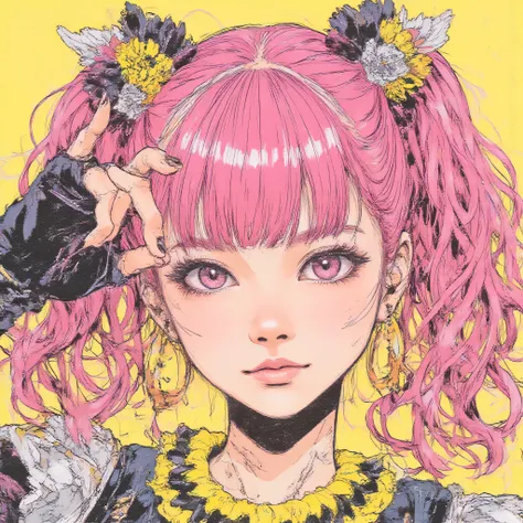 tsubasa,Juaner_manga,Gothic Punk Rebel Japanese Editorial Vivien Tam Pictures [Woman] WITH VERY EYES of purple color with pink hair with FULL BODY WITH SNEAKER-NIKE AIR FORCE with neon Yellow and Brown and Gray tattoos and wielding a 金色碗, [Yellow and Brown...