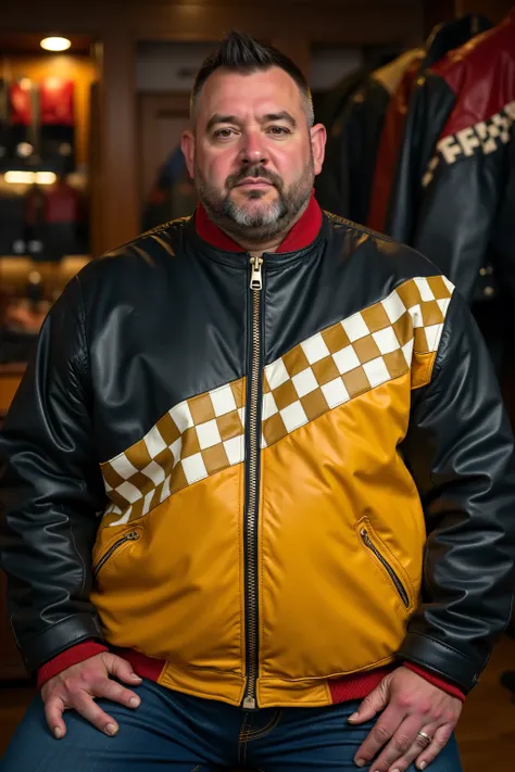 ,a 44 year old 240 pound man wearing a bredwhtredcheckercrjkt with a black upper half, the lower half of the jacket is yellow, the jacket has a diagonal white and yellow checkered stripe dividing the chest, the jacket has gold zippered pockets and zipper, ...