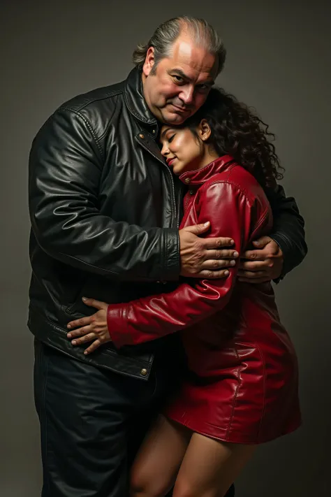 a fat ugly disgusting 60 year old asian man wearing a grimy black leather jacket, wearing dirty black leather pants, a 34 year old thin skinny woman wearing a red leather dress, the man holds the woman in a tight bearhug, the womans head is held against hi...