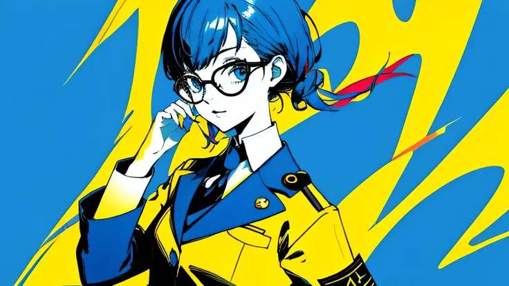 The background is mainly blue, the colors are blue and black, the schoolgirl wears glasses, and the uniform is a blazer. High quality, high resolution, detailed, and stylish.
