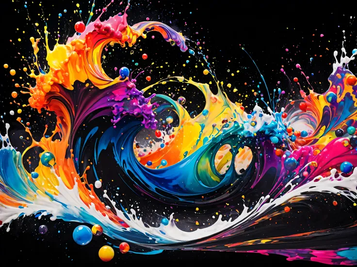 doodle art， Ink Stains ，wild and unbridled，Splash Ink Paint，abstractionism，colorful，Blurry Dreams ，dynamic energy,Release Creation，visual impact,Modern aesthetic sense ,elegant and simple,Contemporary Interpretations ,Be bold,Black background，colored marbl...