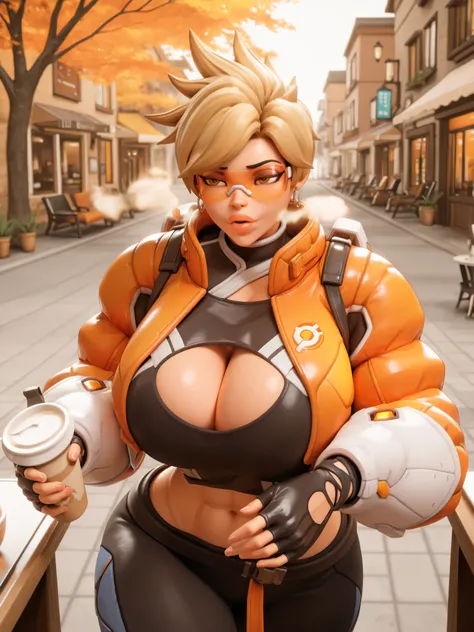 owtracer, le sserafim tracer, 1 girl, solo, blonde hair, spiky hair, orange glasses, earrings, crop top, cleavage cutout, puffy jacket, cropped jacket, leggings, 1girl, gigantic breasts, wide hips, gigantic thighs, narrow waist, abs, masterpiece, best qual...