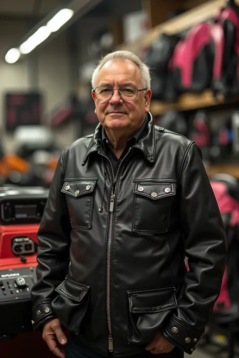brit1960smoto,A middle-aged man wearing a black leather jacket with intricate silver zippers and pink accents represented as bright lines and curves, standing proudly in his high-end workshop surrounded by custom-made electronic systems, the atmosphere is ...