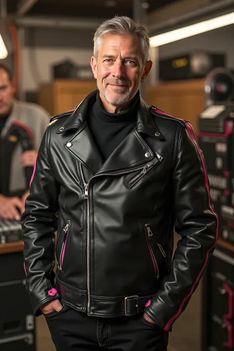 brit1960smoto,A middle-aged man wearing a black leather jacket with intricate silver zippers and pink accents represented as bright lines and curves, standing proudly in his high-end workshop surrounded by custom-made electronic systems, the atmosphere is ...