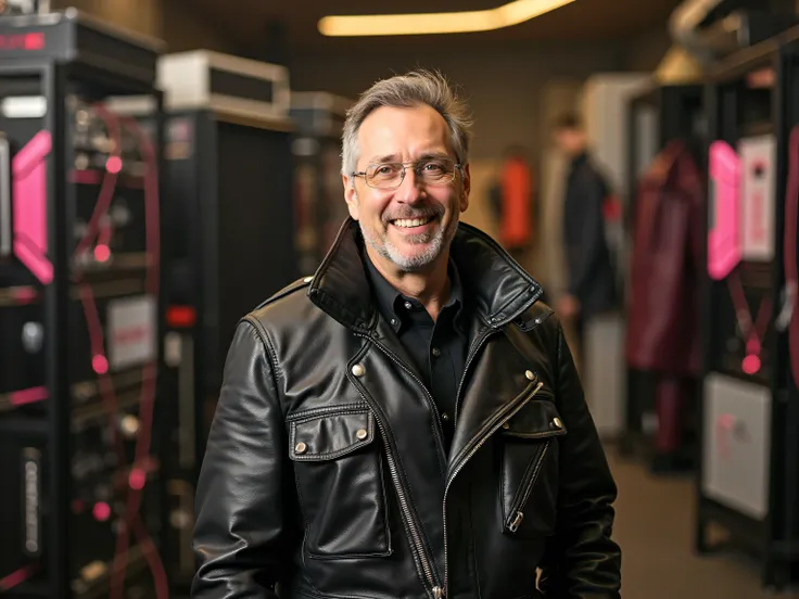 brit1960smoto,A middle-aged man wearing a black leather jacket with intricate silver zippers and pink accents represented as bright lines and curves, standing proudly in his high-end workshop surrounded by custom-made electronic systems, the atmosphere is ...