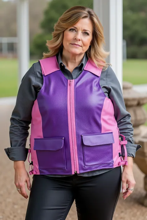 a 58 year old woman that is 240 pounds wearing a purple and pink metallic leather horse riding vest, the vest is bulky and has thick rigid protective pads, the pockets are purple metallic leather, the vest is pink metallic leather, the vest has lace detai...