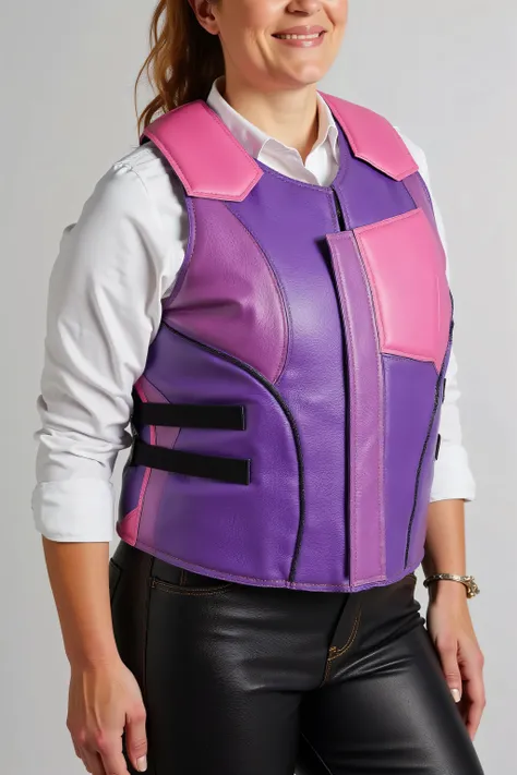 a 58 year old woman that is 240 pounds wearing a purple and pink metallic leather horse riding vest, the vest is bulky and has thick rigid protective pads, the pockets are purple metallic leather, the vest is pink metallic leather, the vest has lace detai...