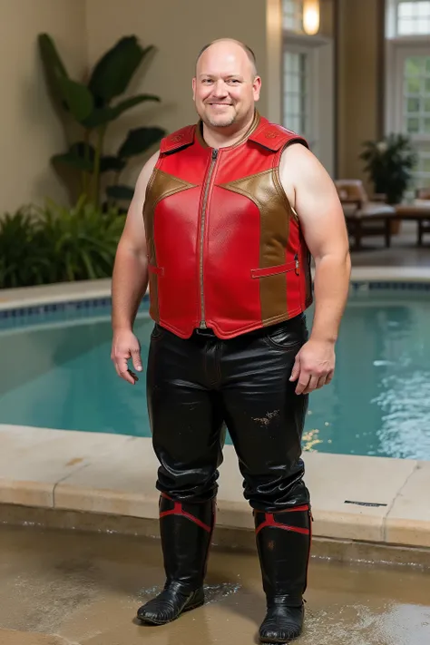 a 58 year old fat white man wearing a wet muddy pair of thick black leather pants that cling to his legs, wearing a red and gold metallic equine horse riding vest that is very heavy thick stiff and durable leather, the mans vest has a high tight collar, th...
