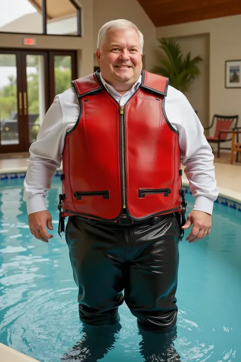 a 58 year old fat white man wearing a wet muddy pair of thick black leather pants that cling to his legs, wearing a red and gold metallic equine horse riding vest that is very heavy thick stiff and durable leather, the mans vest has a high tight collar, th...