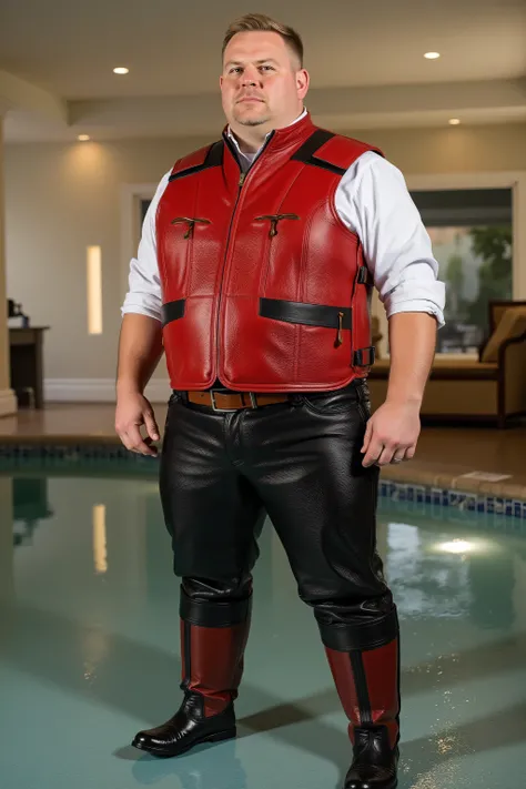 a 58 year old fat white man wearing a wet muddy pair of thick black leather pants that cling to his legs, wearing a red and gold metallic equine horse riding vest that is very heavy thick stiff and durable leather, the mans vest has a high tight collar, th...