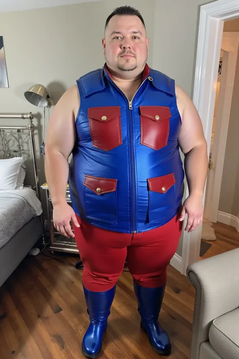 a 54 year old fat asian man 400 pounds full-figured body, wearing a blue metallic vinyl horse riding vest that is bulky stiff and has heavy pads for protection, the vest has metallic red vinyl pockets, the vest has gold accents and zippers, the man wears r...