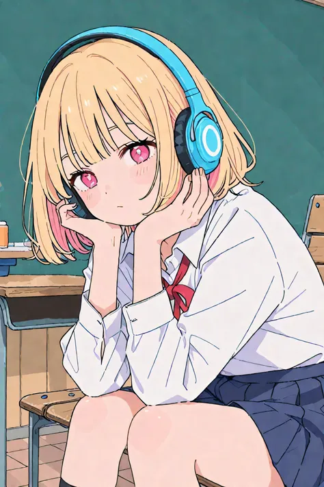 girl wearing headphones、Parker、Strange Expression、School bench、Side Angle、high image quality、High Resolution