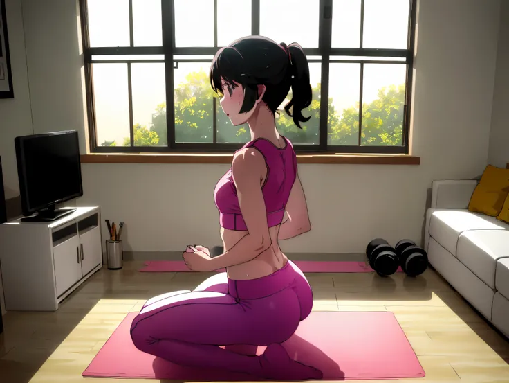 in the living room where the soft morning sun shines in、  
The fitness space is simply arranged。  
yoga mat、Light dumbbells、morning light coming in through an open window。  
no people are shown on the screen、there is only a quiet atmosphere where you want ...