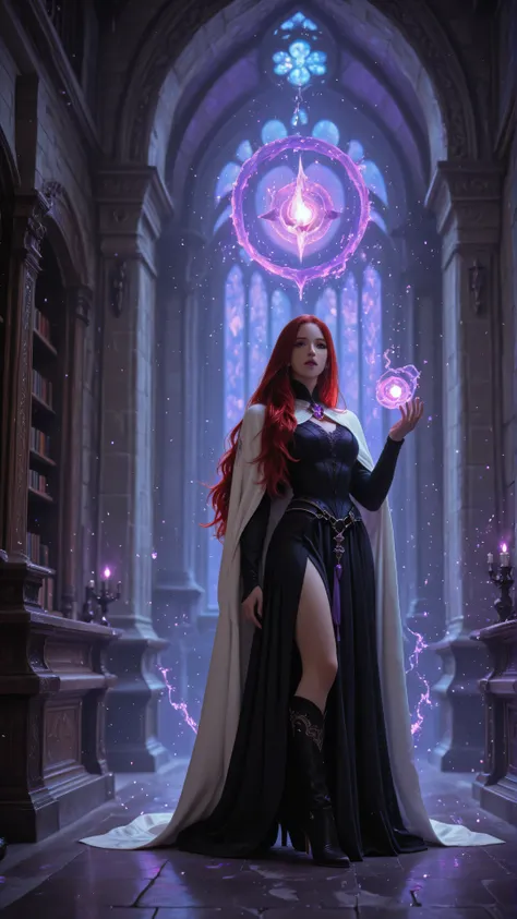 aidmaMJ6.1,Aesthetic_PDXL,,Cinematic Shot,Film Still,Movie Still, a sorceress casting a Glowing Purple spell in magical library , exquisite beautiful human woman , red hair, long hair, long black dress, white cloak, high heeled boots ultra details, high de...
