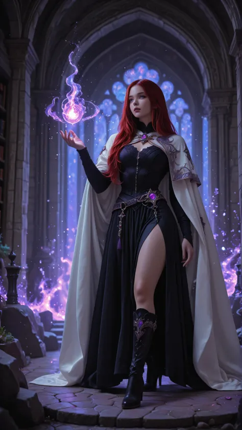 aidmaMJ6.1,Aesthetic_PDXL,,Cinematic Shot,Film Still,Movie Still, a sorceress casting a Glowing Purple spell in magical library , exquisite beautiful human woman , red hair, long hair, long black dress, white cloak, high heeled boots ultra details, high de...