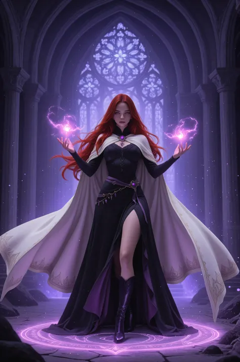 Aesthetic_PDXL,,Cinematic Shot,Film Still,Movie Still, a sorceress casting a Glowing Purple spell in magical library , exquisite beautiful human woman , red hair, long hair, long black dress, white cloak, high heeled boots ultra details, high details, best...