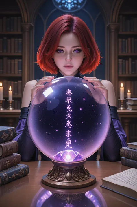 Aesthetic_PDXL,Cinematic,Film Still,Movie Still, a picture of a human sorceress sittings in her magical lab, divining distant places in her crystal ball, epic beautiful human woman , ultra detailed face , red hair, short hair, dynamic dress, magical libr...