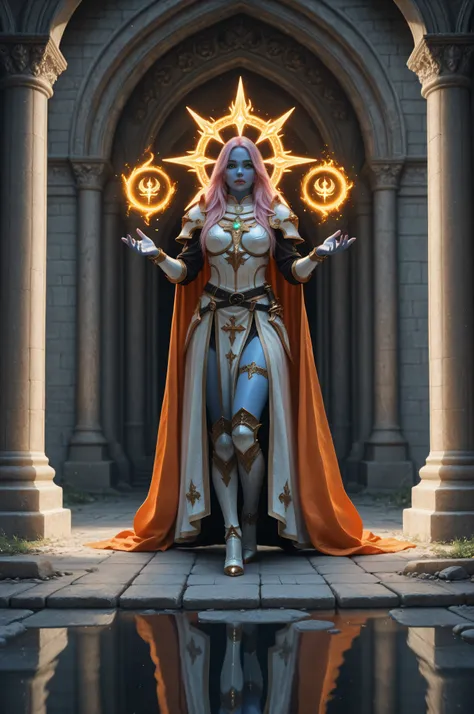 masterpiece, best quality, very aesthetic, absurdres,,fantasy portrait art, dnd art, RPG art, wide shot, intense details, highly detailed, photorealistic, best quality, highres, full body picture a female, ((blue skin)), intense details facial details, ex...