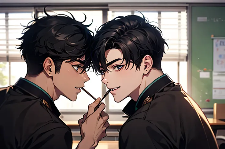 high school boys　  male teacher　short hair black hair　Men's Uniform　Two men face each other　　Two men stare at each other　Smile Yan　classrooms　　　man eats one Pocky from both ends　　 shy face