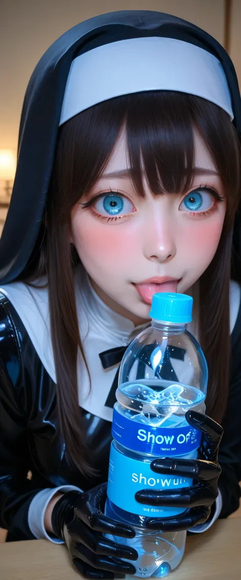 A girl in a black nun's outfit is holding a black latex water bottle. She's nervous and shy, show off vacuum fellatio bottle,
<KY_0002, glowing,