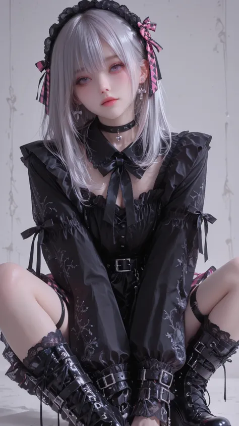 (finely best quality illustration:1.5), (1girl, solo:1),beautiful skin,perfect eyes,Jewelry eyes, (black gothic cropped frilled blouse with long sleeves and ruffle cuffs, small pink ribbon bow at neckline, lace-up ribbon details on sleeves, black choker c...