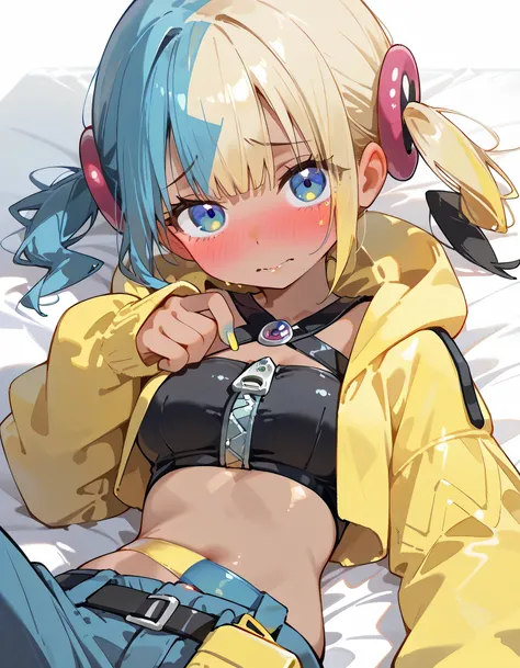 from above,lying on electric mark design bed,solo,1girl,canari, dark-skinned female, multicolored hair, two-tone hair, blonde hair, blue hair, twintails, blue eyes, hair ornament, Embarrassed, blushing, impatient, yellow jacket, hooded jacket, open jacket,...