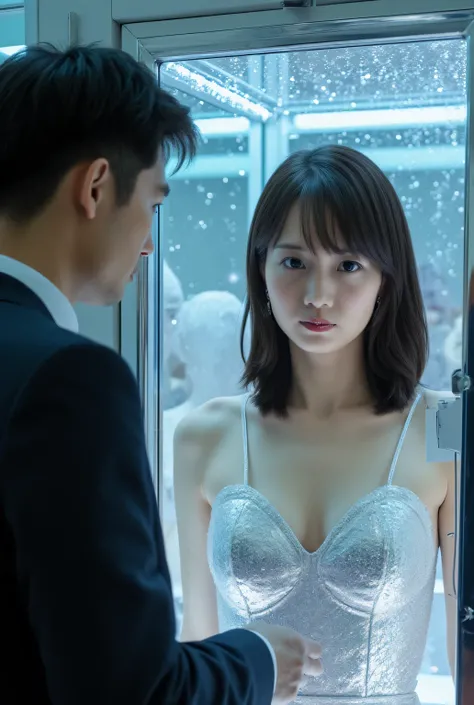 nsfw, 8ｋ、realistic, top quality , very detailed , Retailer  、 1 Japanese woman in her 20s  、 Women in sexy, silvery mini dresses with a hollow expression are treated as cute products 、 A young woman with a hollow expression wearing a black collar is in the...