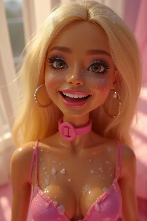NSFW medium close-up portrait showing complete face of a stunning hyperrealistic 18-year-old Bratz-style doll with dazzling face and sculptural body, face drenched with cum, translucent white micro droplets of cum sprayed all over her face, hair, breasts a...