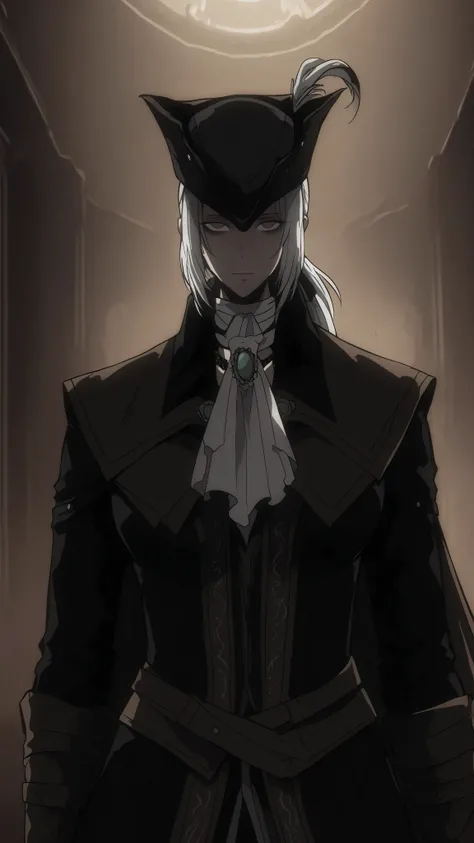 Lady Maria of the Astral Clocktower, White hair, grey eyes, tricorne, hat feather, ascot, ponytail, cape, upperbody only, empty eyes, no emotions, looking at viewer, scary, intimidating, standing menacingly, 