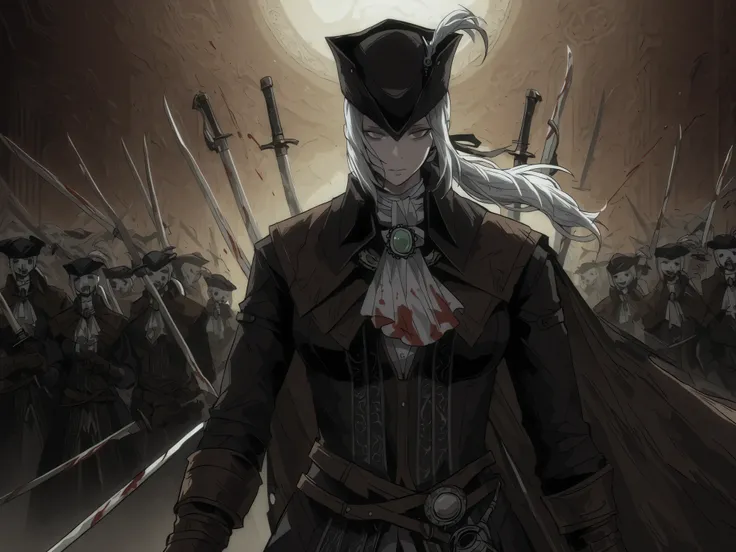 Lady Maria of the Astral Clocktower, alone, White hair, grey eyes, tricorne, hat feather, gloves, ascot, ponytail, cape, empty eyes, no emotions, scary, extremly detailed, two swords, two swords, a threatening look with her swords spread out by her side, w...