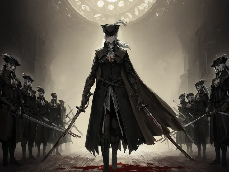 Lady Maria of the Astral Clocktower, alone, White hair, grey eyes, tricorne, hat feather, gloves, ascot, ponytail, cape, empty eyes, no emotions, scary, extremly detailed, two swords, two swords, a threatening look with her swords spread out by her side, w...