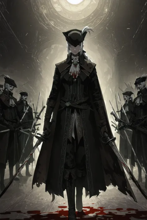 Lady Maria of the Astral Clocktower, alone, White hair, grey eyes, tricorne, hat feather, gloves, ascot, ponytail, cape, empty eyes, no emotions, scary, extremly detailed, two swords, two swords, a threatening look with her swords spread out by her side, w...