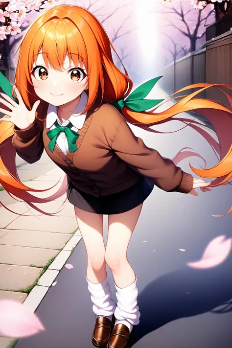  karane_inda, brown eyes, orange hair, very long hair, low twintails, green ribbon, hair ribbon, collared shirt, brown cardigan, long sleeves, miniskirt, black skirt, white socks, loose socks, brown footwear, 1girl, solo, masterpiece, best quality, amazing...