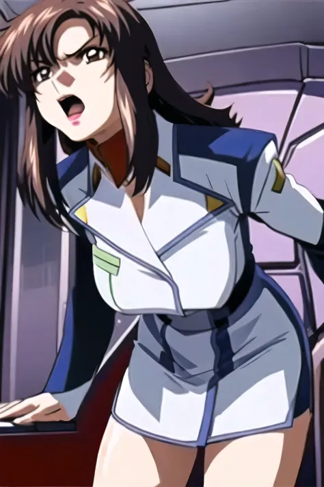 Blue and white military costume,sleeveless,,sleeveless超巨乳軍事ユニフォーム,miniskirt,,, I'm on the bridge of a spaceship,,Angry ,Expression of protest ,Women with Long Dark Hair,Nice Smiling Yang G ,amazing thighs,miniskirt,,beautiful legs,,Can you draw a picture ...
