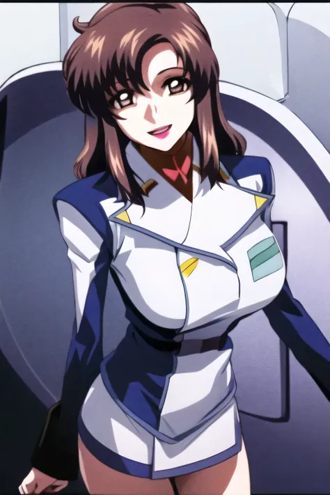 Blue and white military costume,sleeveless,,sleeveless超巨乳軍事ユニフォーム,miniskirt,,, I'm on the bridge of a spaceship,,smiling Yang ,,Women with Long Dark Hair,Nice smiling Yang g ,amazing thighs,miniskirt,,beautiful legs,,Can you draw a picture of a woman stan...