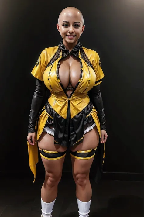 ((Skinhead:1.4)), (masterpiece、OFFICIAL ART),  front view, Upright, stick stand:3.0, front view standing:2.0, stand with legs open:3.0, ((black and yellow costume:3.0, fishnet shirt inner:2.0, white enamel knee-highs:3.0, black enamel long gloves:3.0, blac...