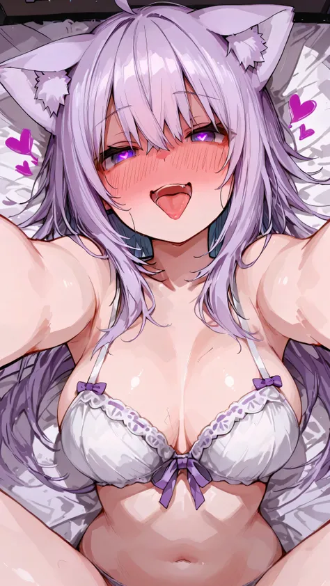 ,open mouth,tongue, , full face blush, torogao, looking at viewer, empty eyes, heart shaped pupils, ,woman laying on bed, 1girl, breasts, on back, lying, looking at viewer, smile, outstretched arms,  blush, nekomata okayu,longhair