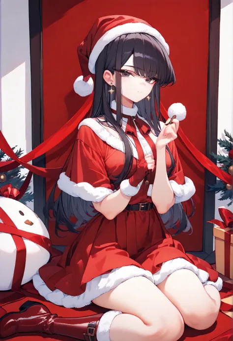 Christmas, 1girl, solo, red santa dress, santa hat,dress, looking at viewer, jewelry, red ribbon, bangs, earrings, boots, komi_shouko, black eyes, black hair, long hair, 