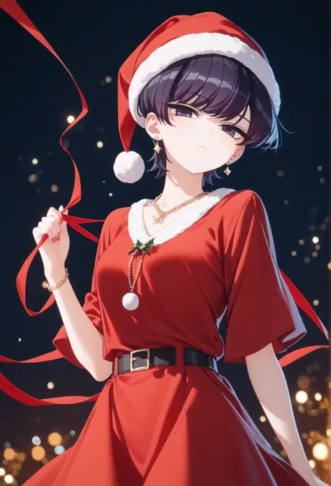 Christmas, 1girl, solo, red santa dress, santa hat,dress, looking at viewer, jewelry, red ribbon, bangs, earrings, boots, shuuko komi, short hair, black hair, black eyes, half-closed eyes,