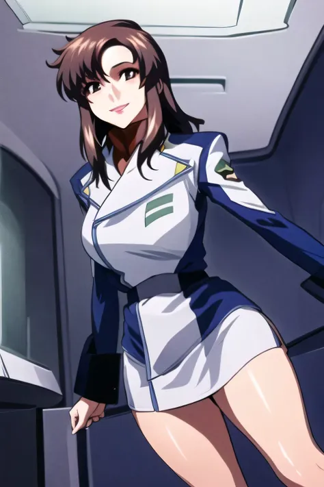 Blue and white military costume,sleeveless,,sleeveless超巨乳軍事ユニフォーム,miniskirt,,, I'm on the bridge of a spaceship,,smiling Yang ,,Women with Long Dark Hair,Nice smiling Yang g ,amazing thighs,miniskirt,,beautiful legs,,Can you draw a picture of a woman stan...