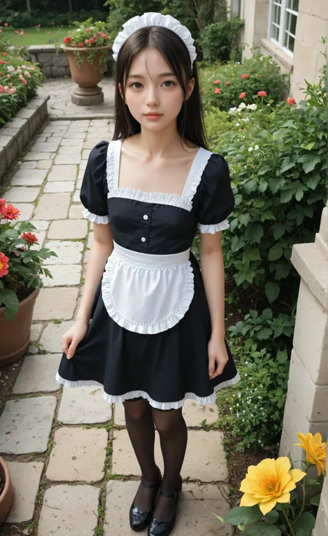 1 Girl、maids,Watch viewers,(skinny:0.64),(younger:0.60),from above,slouching forward,(big boobs:-0.38),is watering flowers outside the mansion,japanese,(Smile Yang:0.24),black lace stockings