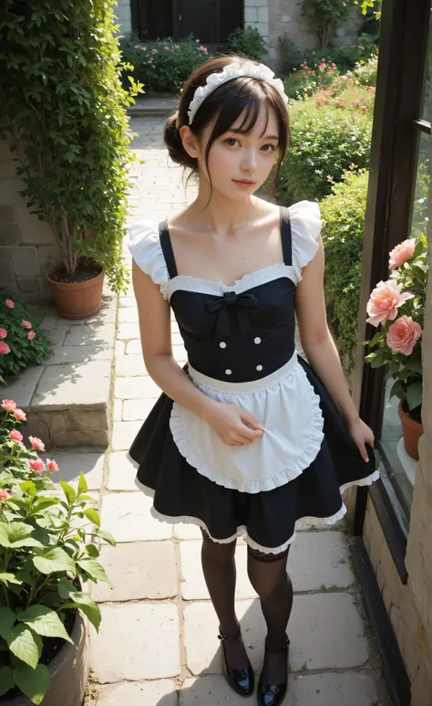 1 Girl、maids,Watch viewers,(skinny:0.64),(younger:0.60),from above,slouching forward,(big boobs:-0.38),is watering flowers outside the mansion,japanese,(Smile Yang:0.24),black lace stockings